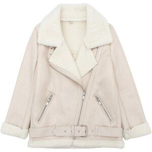Women Beige Faux Shearling Moto Jacket Thick Lined Winter Leather Coat